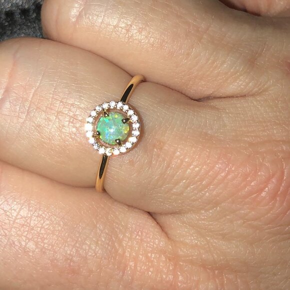 Neiman Marcus 14K Gold Plated Adjustable Halo Green Created Opal Ring - Picture 3 of 4